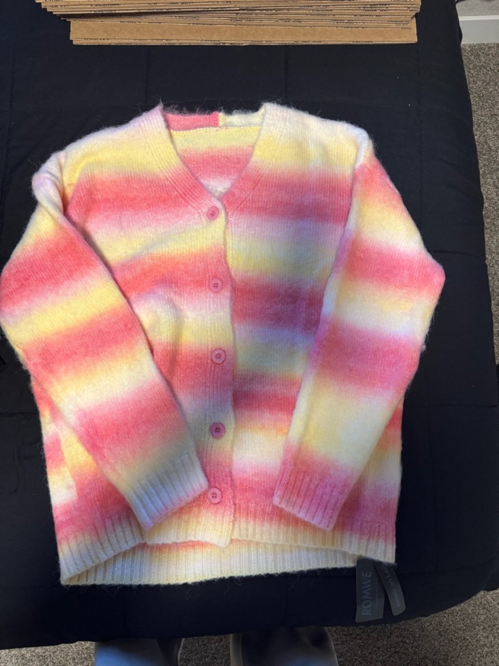 ROMWE Rainbow Pastel Striped Button-Up Cardigan - Pink, Yellow, White